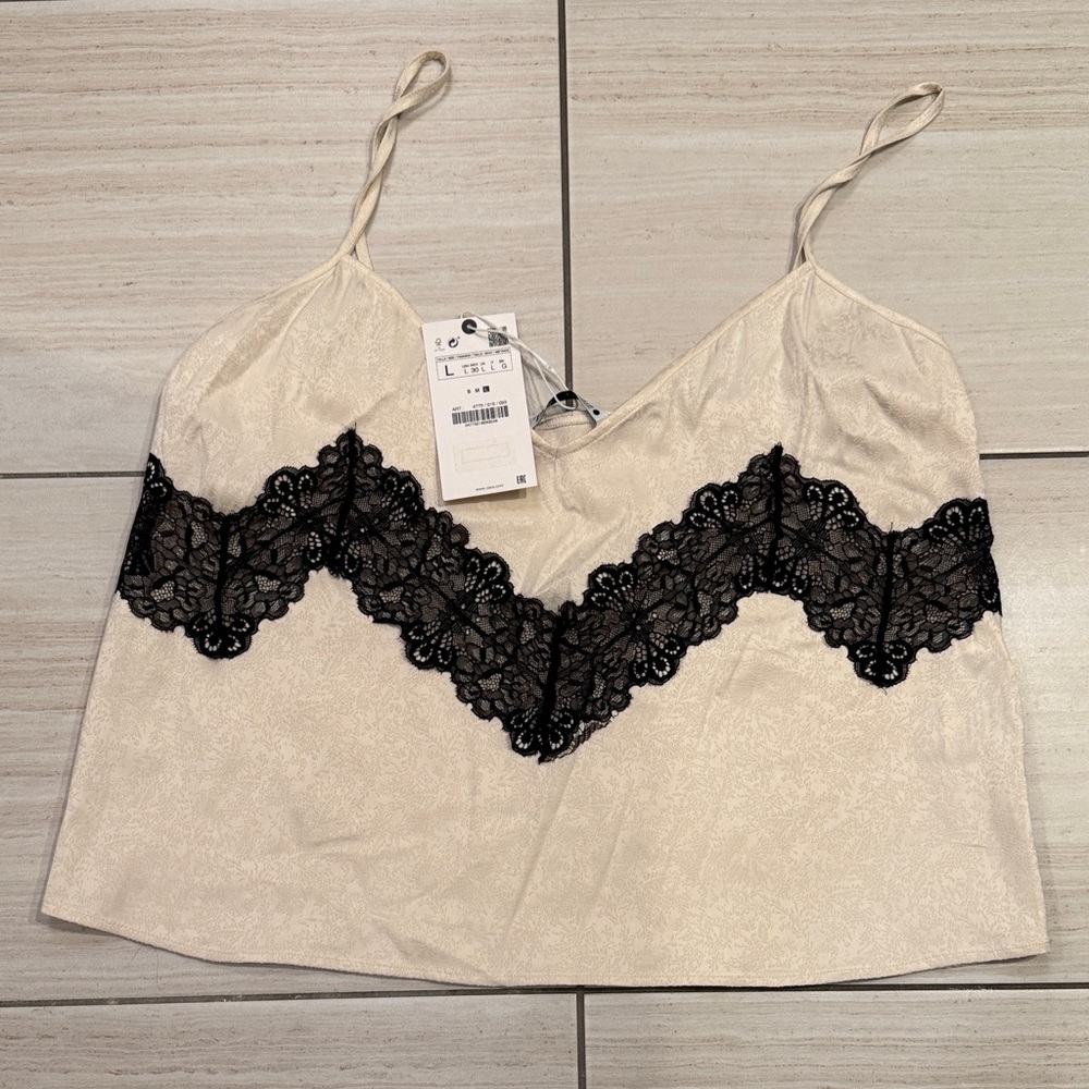 Zara Cream Camisole with Black Lace Detail, size L